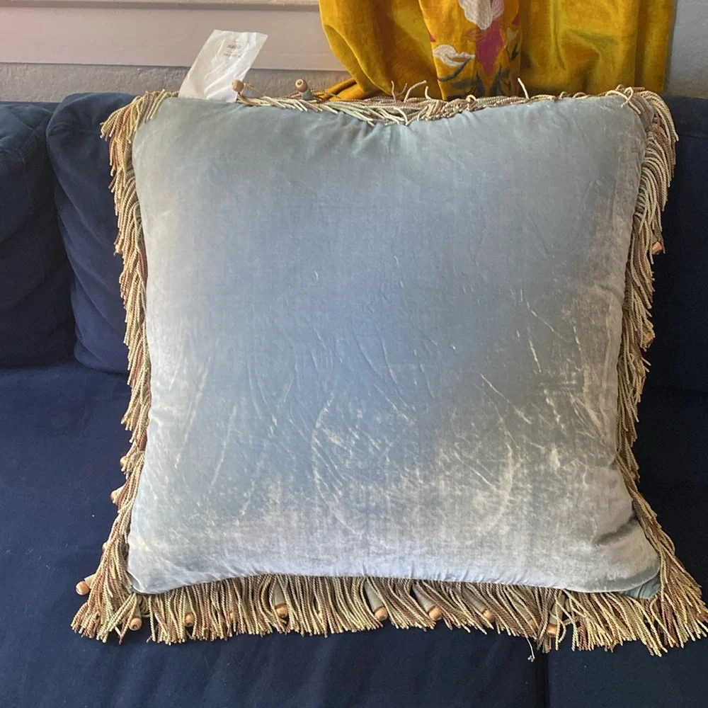 NWT Z Gallerie Silk Velvet Embroidered Throw Pillow 24x24 Blue Floral Fringe